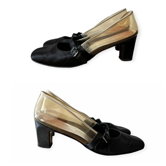 Vintage 60s Herbert Levine Mod Black Satin Clear‎ Vinyl Pumps, Size 7.5 AA - Picture 7 of 14